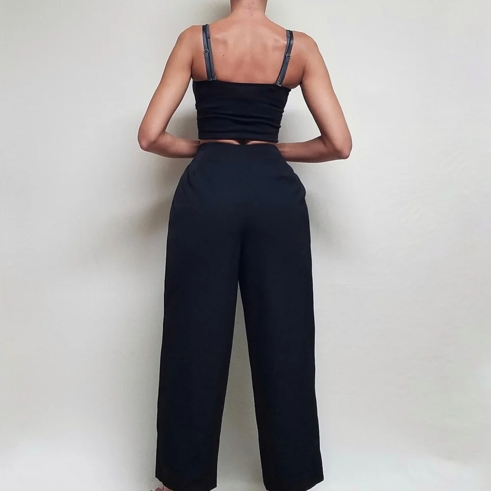 Rare Vintage 70s Western Privata Black Wool Faux Belt High Waisted Cropped Pants